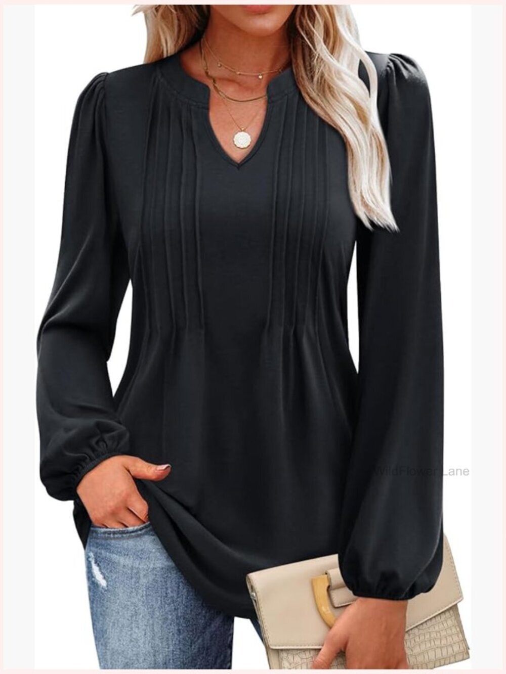 V Neck Puff Long Sleeve Pleated Loose Tunic Blouse
